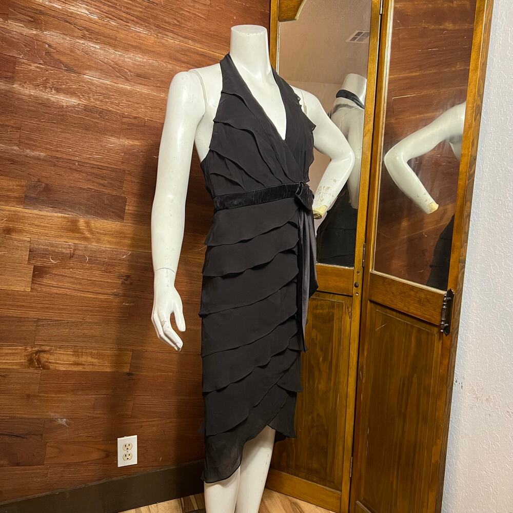 VINTAGE 90s Tadashi Silk Tiered Cocktail Dress Size 4 Halter Evening Designer
